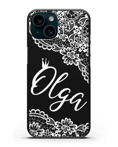 Именной чехол Венецианское кружево с короной силиконовый для iPhone 15
