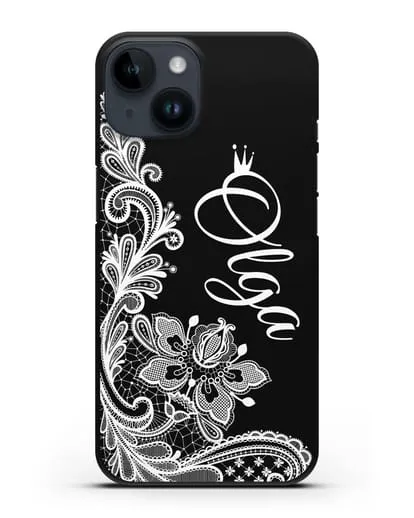 Именной чехол Брюссельское кружево с короной силиконовый для iPhone 14