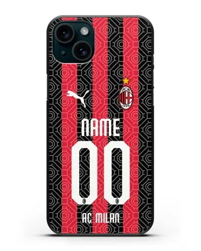Именной чехол ФК Милан с фамилией и номером (сезон 2020-2021) домашняя форма силиконовый для iPhone 15 Plus