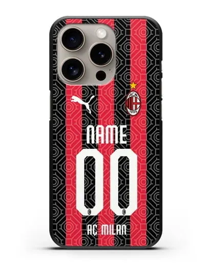 Именной чехол ФК Милан с фамилией и номером (сезон 2020-2021) домашняя форма силиконовый для iPhone 15 Pro