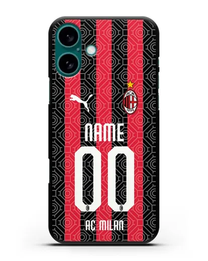 Именной чехол ФК Милан с фамилией и номером (сезон 2020-2021) домашняя форма силиконовый для iPhone 16 Plus