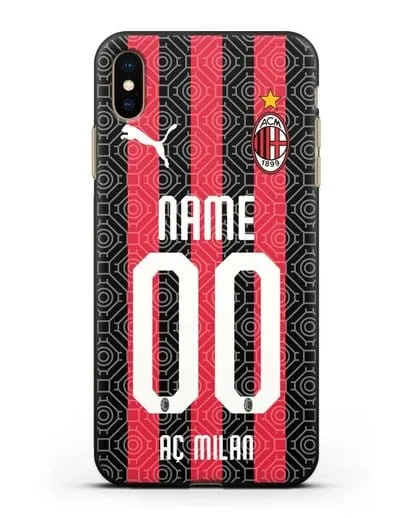 Именной чехол ФК Милан с фамилией и номером (сезон 2020-2021) домашняя форма силиконовый для iPhone XS Max