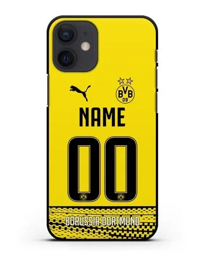 Именной чехол ФК Боруссия Дортмунд с фамилией и номером желтая форма силиконовый для iPhone 12 mini