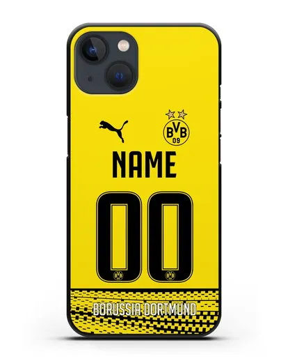 Именной чехол ФК Боруссия Дортмунд с фамилией и номером желтая форма силиконовый для iPhone 13