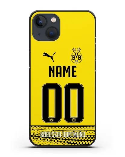 Именной чехол ФК Боруссия Дортмунд с фамилией и номером желтая форма силиконовый для iPhone 13 Mini