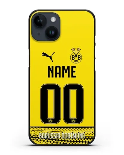 Именной чехол ФК Боруссия Дортмунд с фамилией и номером желтая форма силиконовый для iPhone 14