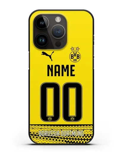 Именной чехол ФК Боруссия Дортмунд с фамилией и номером желтая форма силиконовый для iPhone 14 Pro