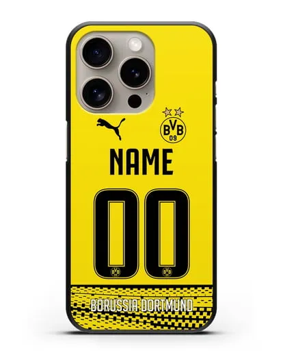 Именной чехол ФК Боруссия Дортмунд с фамилией и номером желтая форма силиконовый для iPhone 15 Pro