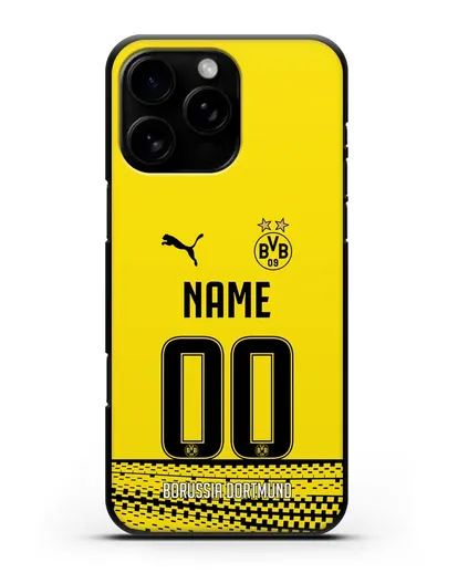 Именной чехол ФК Боруссия Дортмунд с фамилией и номером желтая форма силиконовый для iPhone 16 Pro Max