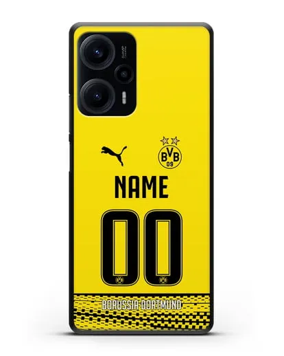 Именной чехол ФК Боруссия Дортмунд с фамилией и номером желтая форма силиконовый для Xiaomi Poco F5