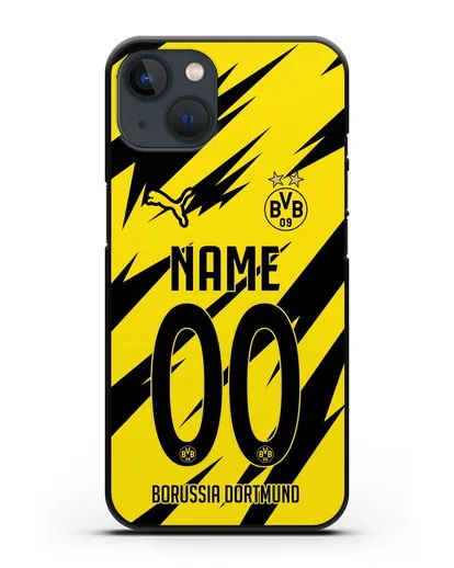 Именной чехол ФК Боруссия Дортмунд с фамилией и номером (сезон 2020-2021) домашняя форма силиконовый для iPhone 13