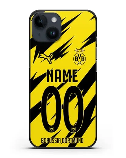 Именной чехол ФК Боруссия Дортмунд с фамилией и номером (сезон 2020-2021) домашняя форма силиконовый для iPhone 14