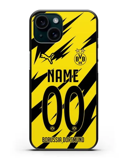 Именной чехол ФК Боруссия Дортмунд с фамилией и номером (сезон 2020-2021) домашняя форма силиконовый для iPhone 15