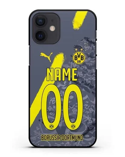 Именной чехол ФК Боруссия Дортмунд с фамилией и номером (сезон 2020-2021) гостевая форма силиконовый для iPhone 12 mini