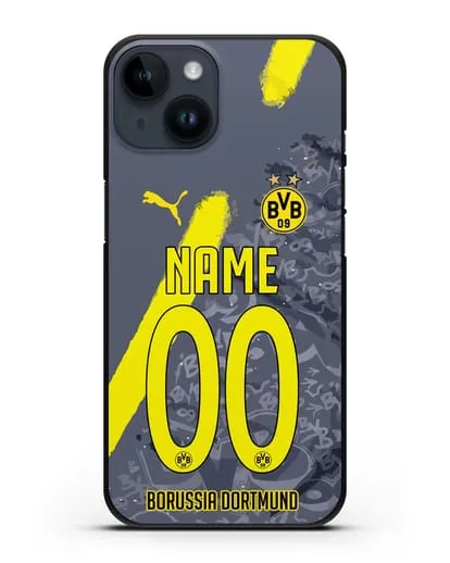 Именной чехол ФК Боруссия Дортмунд с фамилией и номером (сезон 2020-2021) гостевая форма силиконовый для iPhone 14