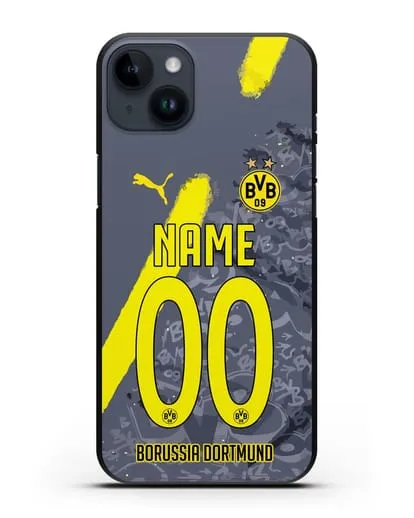 Именной чехол ФК Боруссия Дортмунд с фамилией и номером (сезон 2020-2021) гостевая форма силиконовый для iPhone 14 Plus