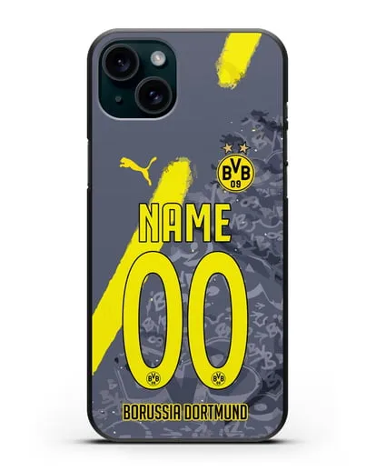 Именной чехол ФК Боруссия Дортмунд с фамилией и номером (сезон 2020-2021) гостевая форма силиконовый для iPhone 15 Plus