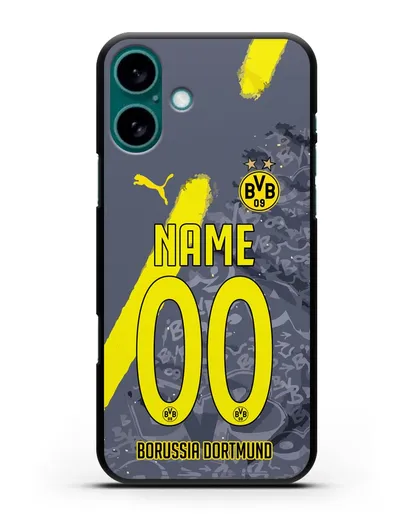 Именной чехол ФК Боруссия Дортмунд с фамилией и номером (сезон 2020-2021) гостевая форма силиконовый для iPhone 16 Plus