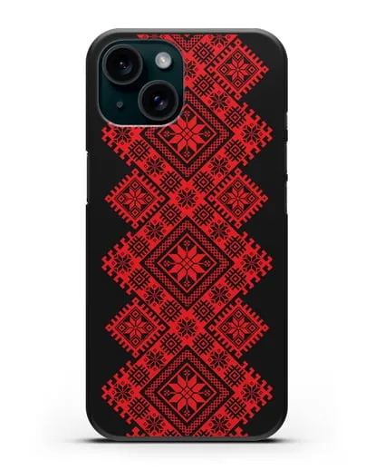 Чехол с красным белорусским орнаментом и символами Богатство, Огонь, Молодость силиконовый для iPhone 15