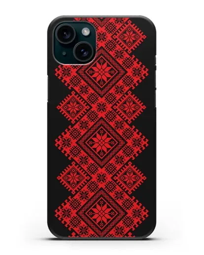Чехол с красным белорусским орнаментом и символами Богатство, Огонь, Молодость силиконовый для iPhone 15 Plus