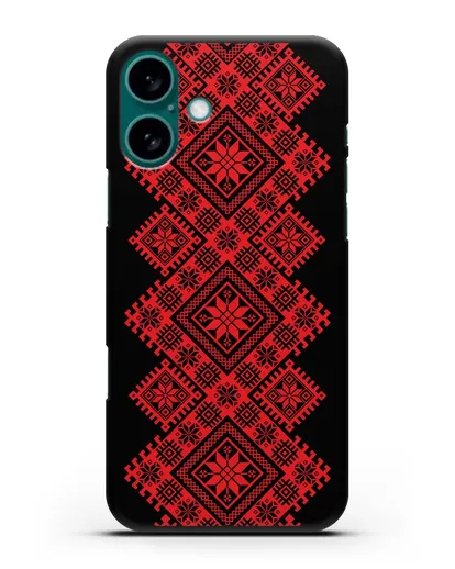 Чехол с красным белорусским орнаментом и символами Богатство, Огонь, Молодость силиконовый для iPhone 16 Plus