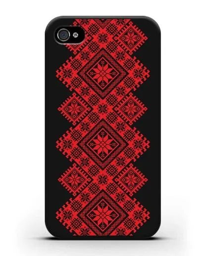 Чехол с красным белорусским орнаментом и символами Богатство, Огонь, Молодость силиконовый для iPhone 4/4s