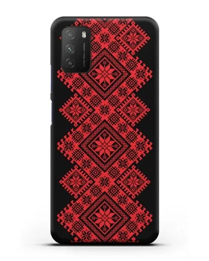 Чехол с красным белорусским орнаментом и символами Богатство, Огонь, Молодость силиконовый для Xiaomi Poco M3