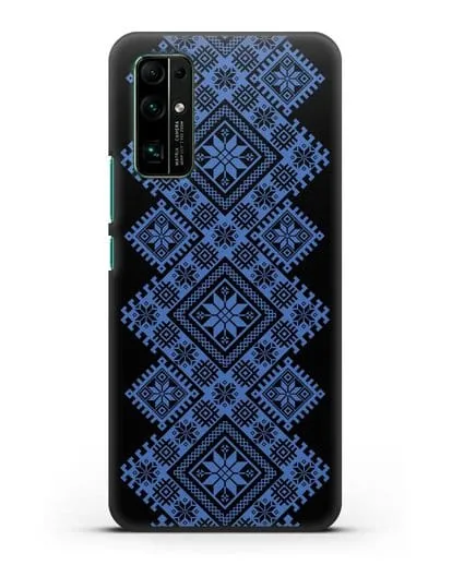 Чехол с синим белорусским орнаментом и символами Богатство, Огонь, Молодость силиконовый для Honor 30