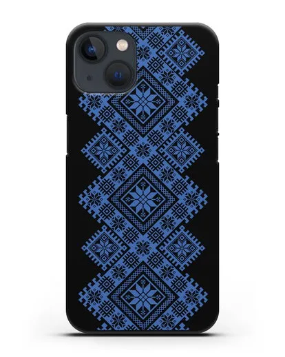 Чехол с синим белорусским орнаментом и символами Богатство, Огонь, Молодость силиконовый для iPhone 13