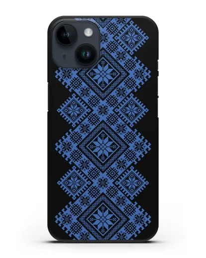 Чехол с синим белорусским орнаментом и символами Богатство, Огонь, Молодость силиконовый для iPhone 14