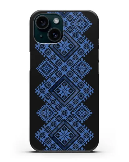 Чехол с синим белорусским орнаментом и символами Богатство, Огонь, Молодость силиконовый для iPhone 15