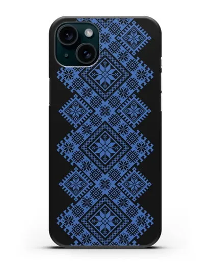 Чехол с синим белорусским орнаментом и символами Богатство, Огонь, Молодость силиконовый для iPhone 15 Plus