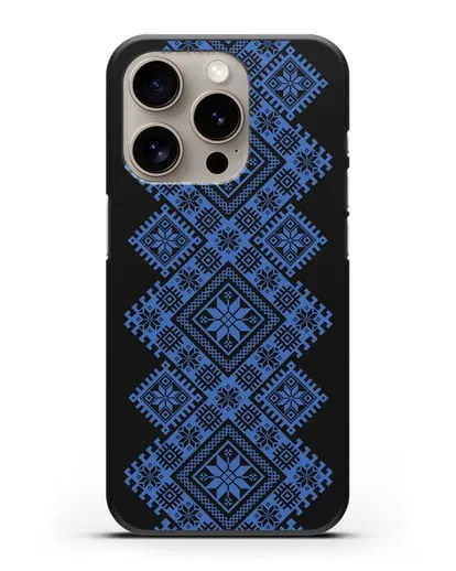 Чехол с синим белорусским орнаментом и символами Богатство, Огонь, Молодость силиконовый для iPhone 15 Pro