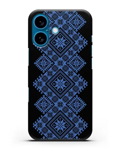 Чехол с синим белорусским орнаментом и символами Богатство, Огонь, Молодость силиконовый для iPhone 16