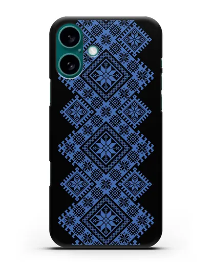 Чехол с синим белорусским орнаментом и символами Богатство, Огонь, Молодость силиконовый для iPhone 16 Plus