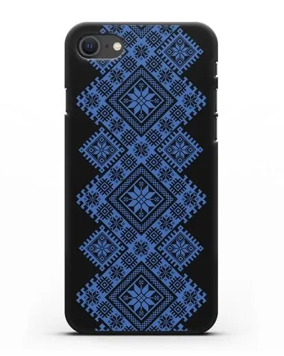 Чехол с синим белорусским орнаментом и символами Богатство, Огонь, Молодость силиконовый для iPhone SE 2020