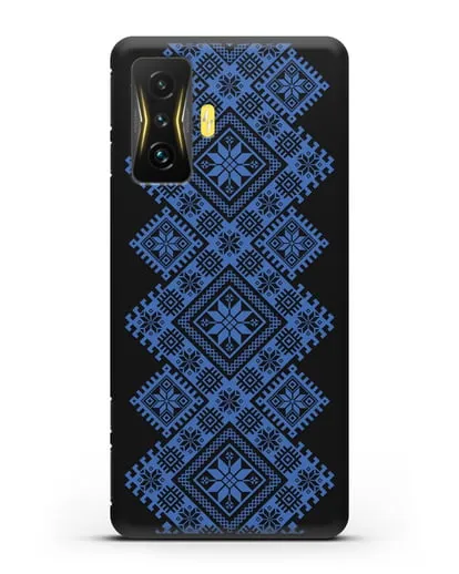 Чехол с синим белорусским орнаментом и символами Богатство, Огонь, Молодость силиконовый для Xiaomi Poco F4 GT