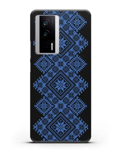 Чехол с синим белорусским орнаментом и символами Богатство, Огонь, Молодость силиконовый для Xiaomi Poco F5 Pro