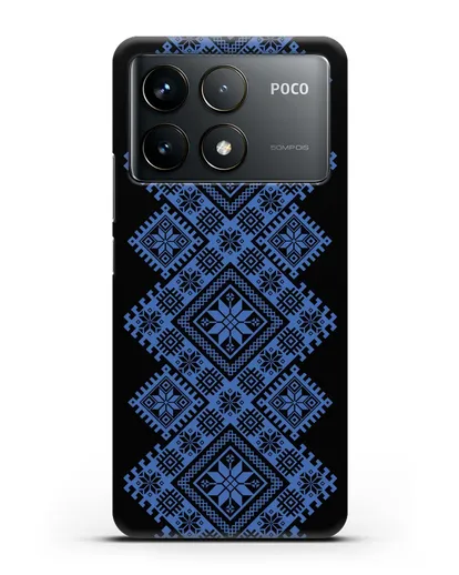 Чехол с синим белорусским орнаментом и символами Богатство, Огонь, Молодость силиконовый для Xiaomi Poco F6 Pro