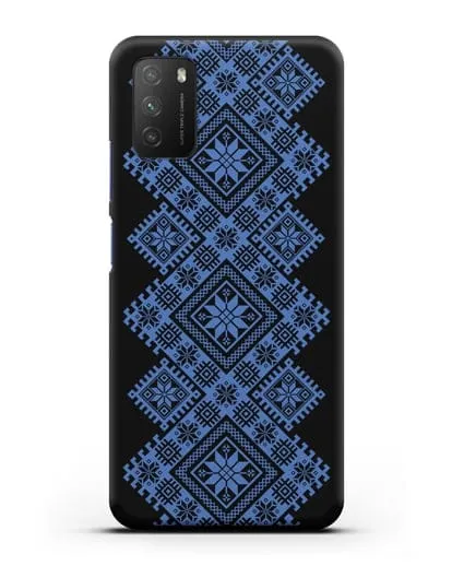 Чехол с синим белорусским орнаментом и символами Богатство, Огонь, Молодость силиконовый для Xiaomi Poco M3