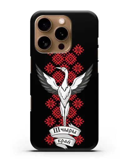 Чехол с аистом и надписью Шчыры край с белорусским орнаментом силиконовый для iPhone 16 Pro