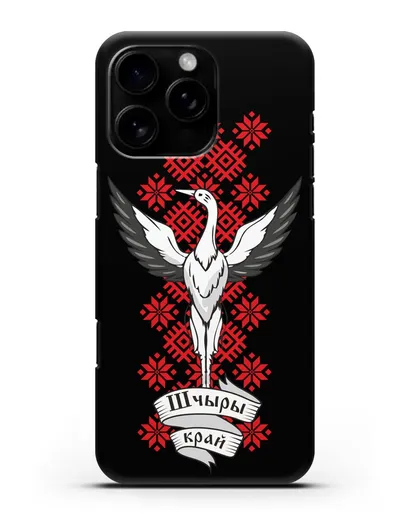 Чехол с аистом и надписью Шчыры край с белорусским орнаментом силиконовый для iPhone 16 Pro Max