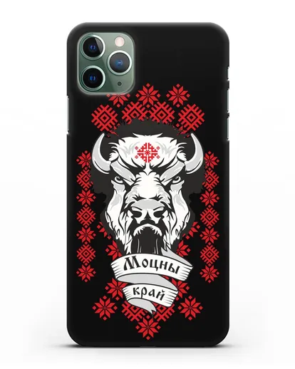 Чехол с зубром и надписью Моцны край с белорусским орнаментом силиконовый для iPhone 11 Pro