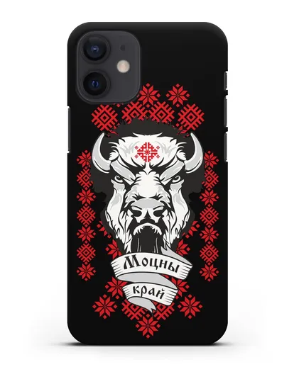 Чехол с зубром и надписью Моцны край с белорусским орнаментом силиконовый для iPhone 12 mini
