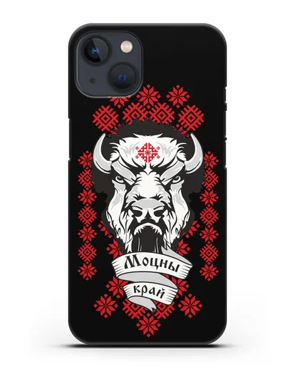 Чехол с зубром и надписью Моцны край с белорусским орнаментом силиконовый для iPhone 13 Mini