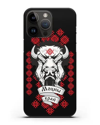 Чехол с зубром и надписью Моцны край с белорусским орнаментом силиконовый для iPhone 14 Pro Max