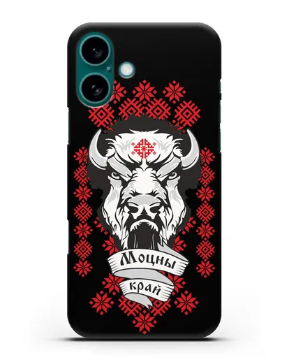 Чехол с зубром и надписью Моцны край с белорусским орнаментом силиконовый для iPhone 16 Plus