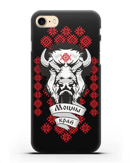Чехол с зубром и надписью Моцны край с белорусским орнаментом силиконовый для iPhone 8