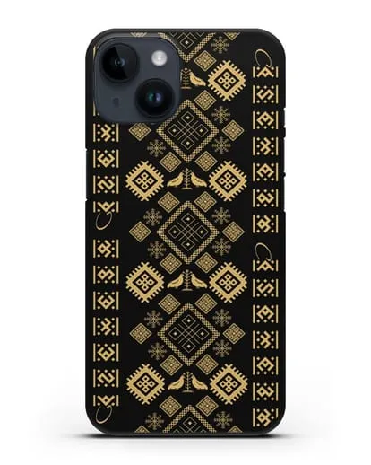 Чехол с белорусским золотым орнаментом и женскими символами силиконовый для iPhone 14