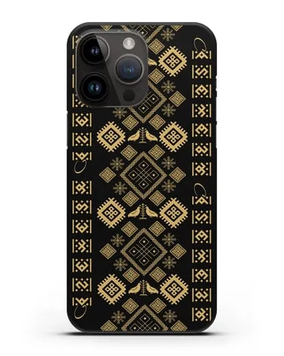 Чехол с белорусским золотым орнаментом и женскими символами силиконовый для iPhone 14 Pro Max